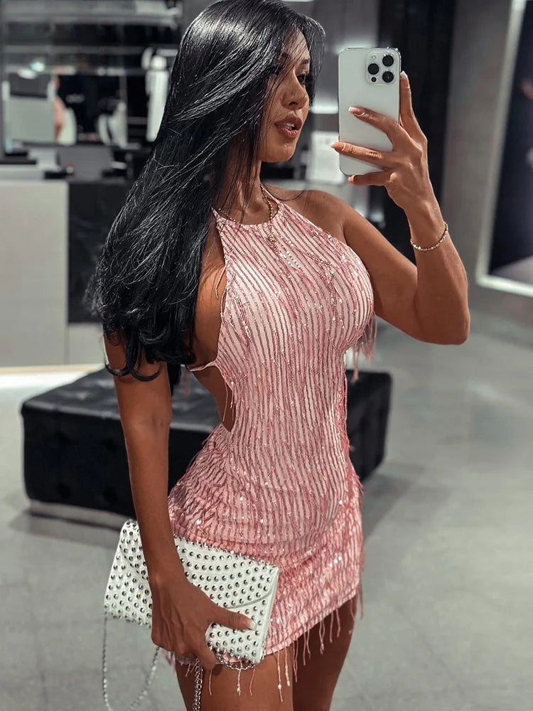 Mireya Shimmer Fringe Halter Mini Dress