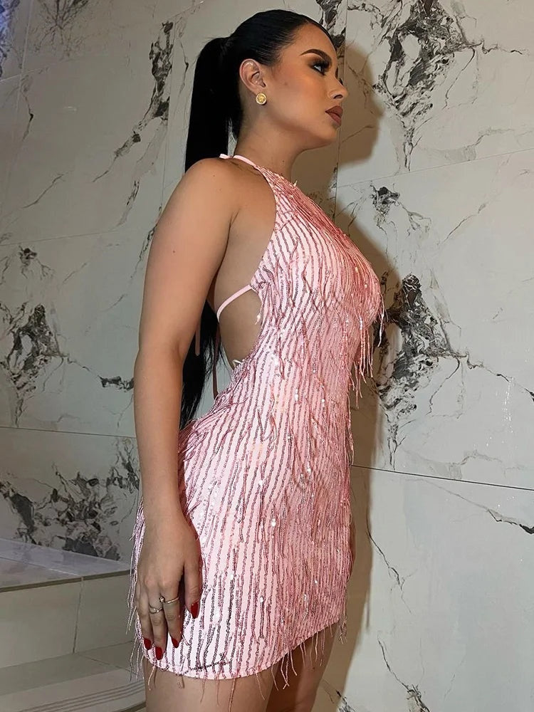 Mireya Shimmer Fringe Halter Mini Dress