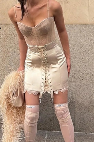Ghislaine Satin Lace-Up Corset Mini Skirt with Lace Trim One-piece