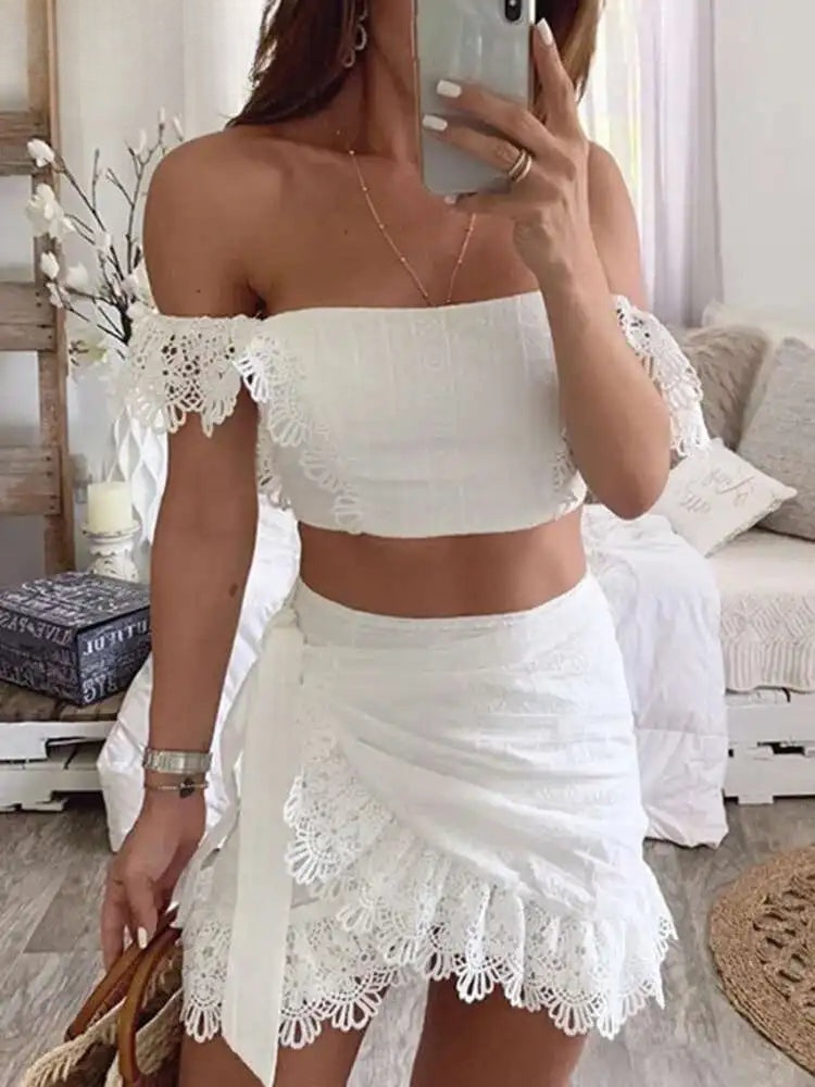 Odette Lace Cutout Top & Mini Skirt Two-piece