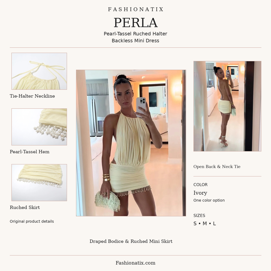 Perla original product photos: tie-halter neckline, pearl-tassel hem, ruched skirt and open back; Ivory; sizes S M L