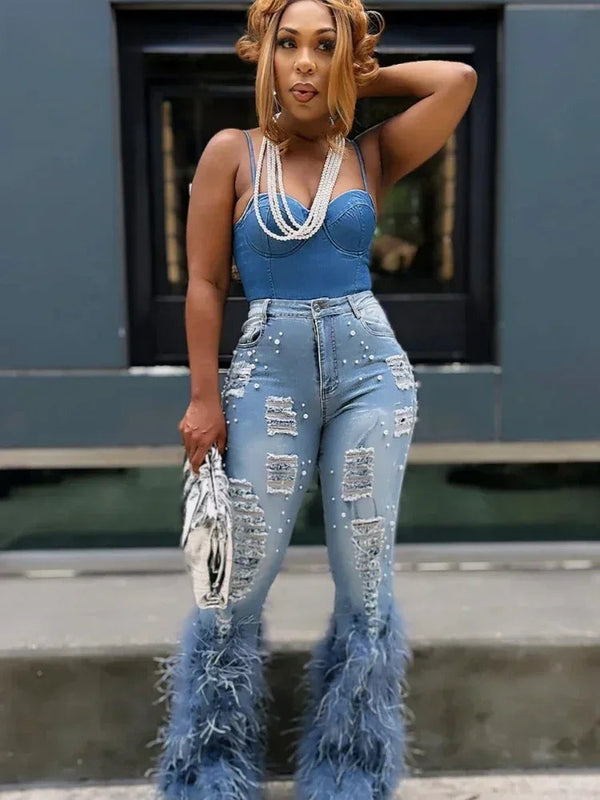 Ravenna Beaded Feather Flare Jeans One-piece
