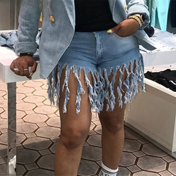 Sierra High-Waist Fringed Denim Shorts Apparel One-piece