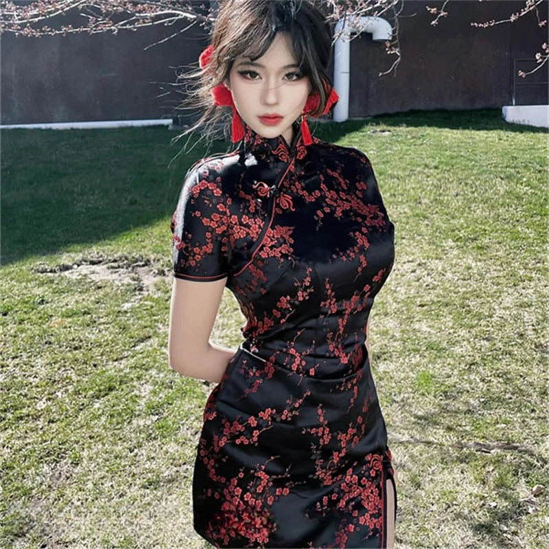 Xiu Jacquard Floral Qipao Mini Dress