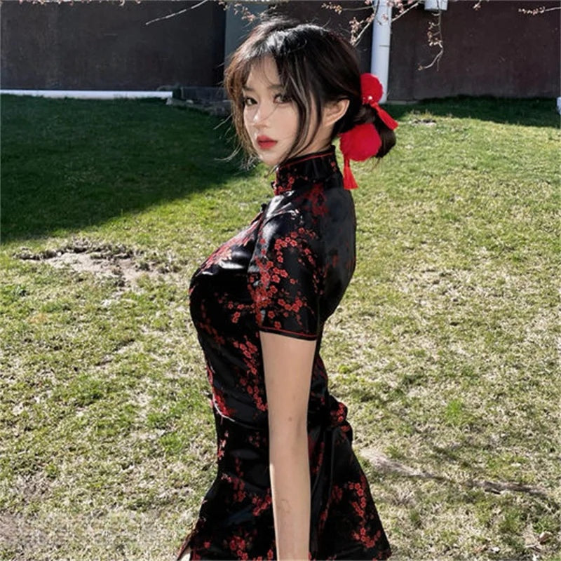 Xiu Jacquard Floral Qipao Mini Dress