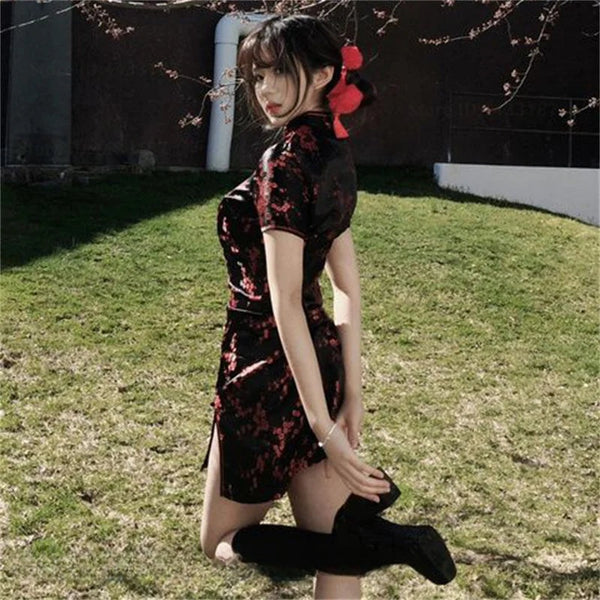 Xiu Jacquard Floral Qipao Mini Dress