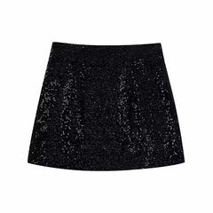 ZATRHMBM Women 2022 New Fashion Sequin-Embellished Black High-Waisted Mini Skirt Vintage Side Zipper Female Skirts Mujer