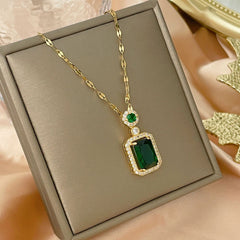 Retro green red zircon necklace geometric square