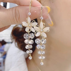 Exquisite Opal Flower Earrings Rhinestone Long Tassel Zircon Earrings