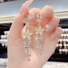 Exquisite Opal Flower Earrings Rhinestone Long Tassel Zircon Earrings