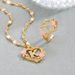 GOLD PLATED CUSTOMIZED HEART FLOWER INITIAL LETTER PENDANT ROSE GOLD HEART INITIAL LETTER RING
