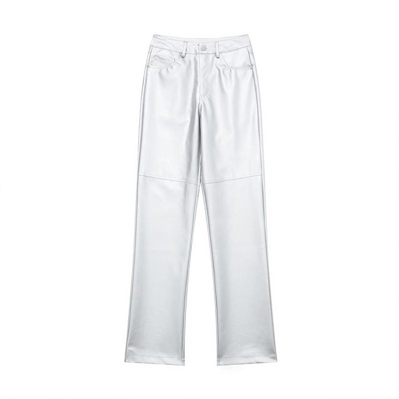 ZATRHMBM Women 2022 New Fashion European American Wide Leg Leather Pants Vintage Side Pockets High Waist Female Trousers Mujer