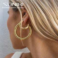 2022 New Stainless Steel Hoop Earrings for Women Stackable C Shape Gold Color Large Circle Punk Hip Hop Earring Fashion Jewelry