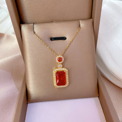 Retro green red zircon necklace geometric square