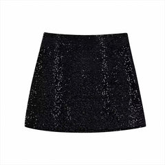 ZATRHMBM Women 2022 New Fashion Sequin-Embellished Black High-Waisted Mini Skirt Vintage Side Zipper Female Skirts Mujer