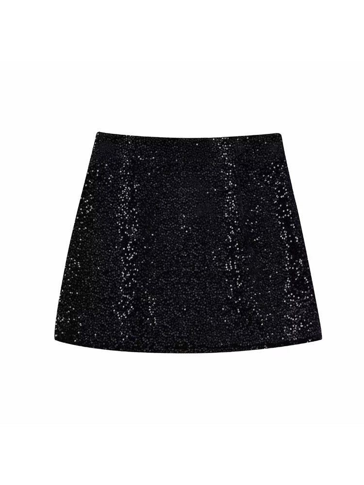 ZATRHMBM Women 2022 New Fashion Sequin-Embellished Black High-Waisted Mini Skirt Vintage Side Zipper Female Skirts Mujer
