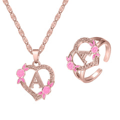 GOLD PLATED CUSTOMIZED HEART FLOWER INITIAL LETTER PENDANT ROSE GOLD HEART INITIAL LETTER RING