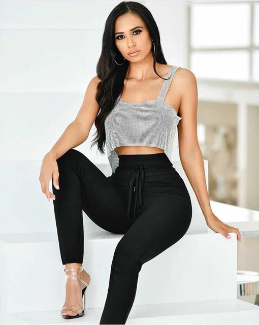 Celebrity High Quality Bright Top Black 2 Pieces Set Rayon Bandage Set Night Club Party Set