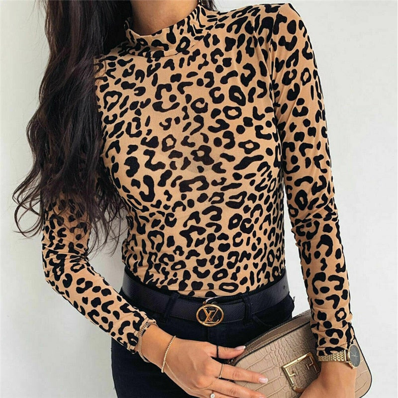 Sexy Mesh Polka Dot Printed T-shirt Women Long Sleeve High Neck Tops Tshirt See Through Spring Party Club Tee Shirt