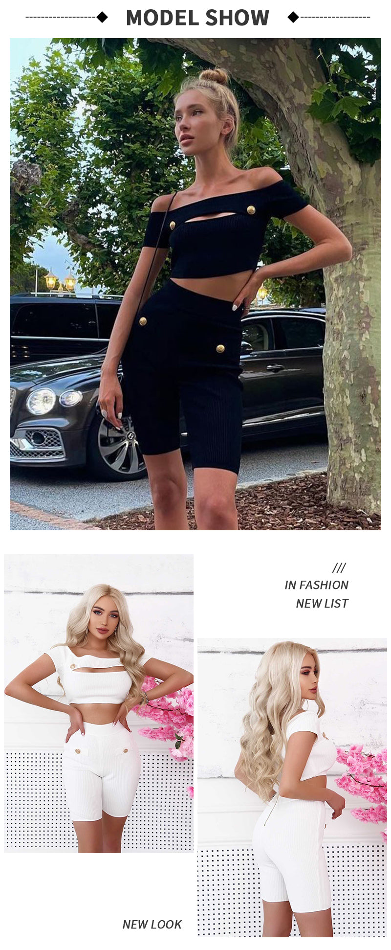 PB Chic White Two Pieces Suit Sexy Key Hole Design Button Embellised Celebrity Party Club Bandage Crop Tops Shorts Set