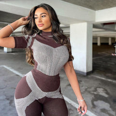 CIBBAR Color Blocking Skinny Biker Printing Jumpsuits Women Retro Fashion Short Sleeve Sexy Bodycon Streetwear Overalls Autumn