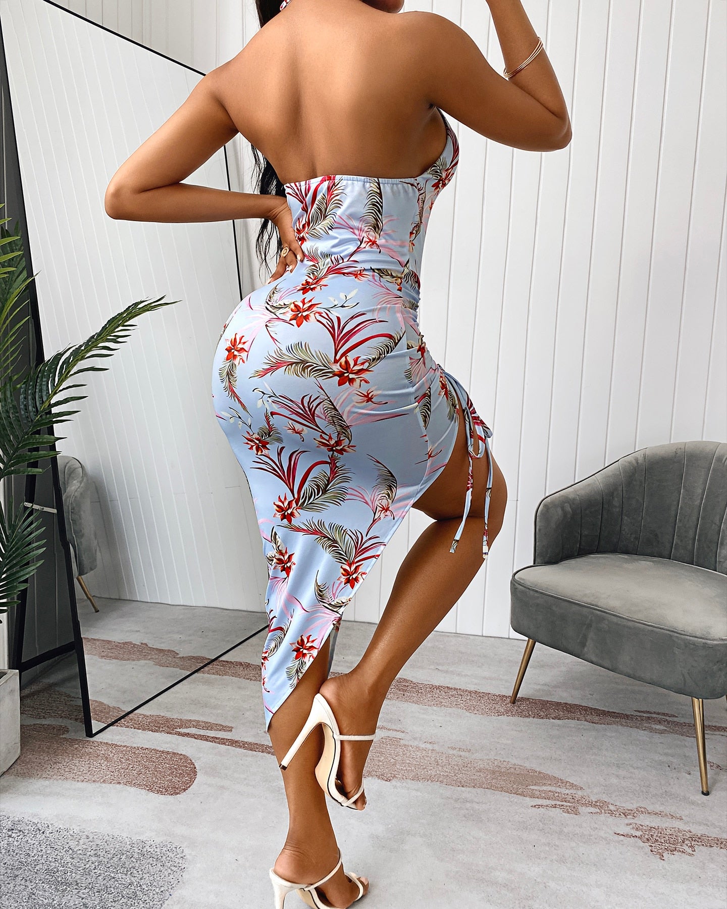 Floral Halter New Tropical Print Ruched Drawstring Slit Midi Dress