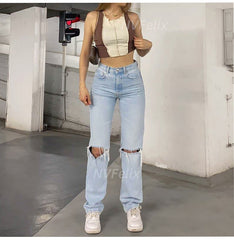 Loose Fit Jeans Ripped Wide Leg High Waist Blue Wash Casual Cotton Denim Trousers  Baggy Jean Pants