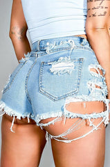 Ripped denim shorts high waist irregular tassel slim shorts