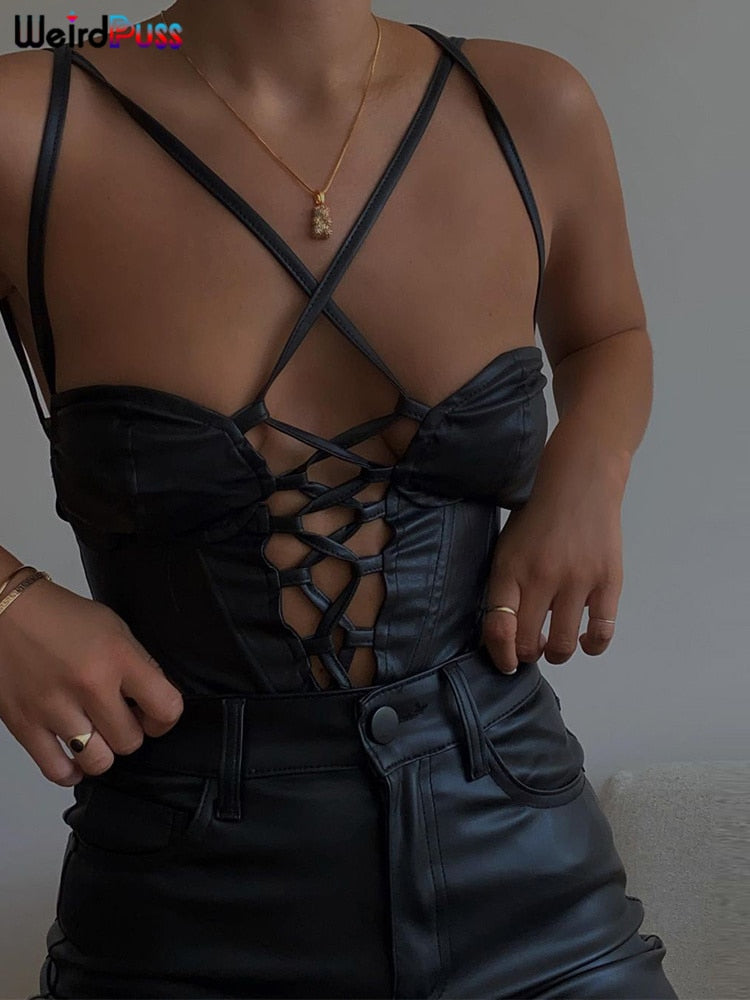 Weird Puss Shirring Women Leather Sexy Camisole Bandage Backless Summer Hollow Halter Vest Hot Girl Trend Party Wild Streetwear