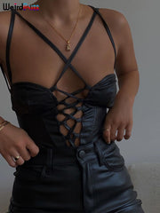 Weird Puss Shirring Women Leather Sexy Camisole Bandage Backless Summer Hollow Halter Vest Hot Girl Trend Party Wild Streetwear