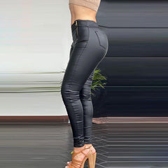 Casual Women Slim Fit Black Trousers Fashion Leggins PU Leather Zipper Pocket Design Skinny Pants