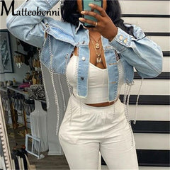 Women Sexy Ripped Denim Jackets Fashion Casual Asymmetric Short Jeans Jacket Long Sleeve Backless Chains Cropped Coat Streetwear