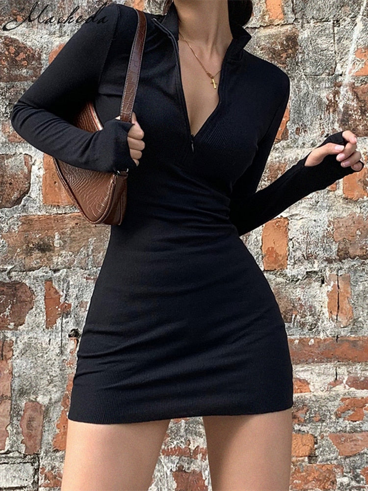 Macheda Autumn Winter Stretch Slim Soft Ribbed Knitted Turtleneck Dress Woman Fashion Solid Black Casual Bodycon Zip Dress