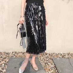 Fashion Holographic Colorful Long Skirt Shiny Sequined Elastic Waist Multilayered Patchwork Skirts High Street Skirt For Lady