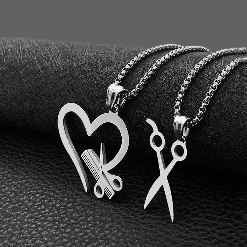 Stainless Steel Heart Scissors Haircut Barber Men's Necklace Pendant Chain
