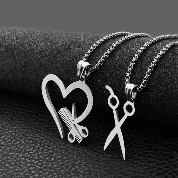 Stainless Steel Heart Scissors Haircut Barber Men's Necklace Pendant Chain