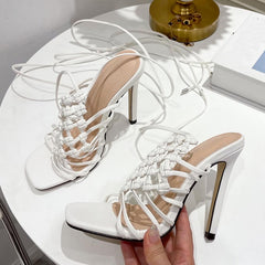 Fashion Handmade Design Weave Hollow Gladiador Sandals Women Summer Orange Square Toe Cross-Tied Stiletto Heels Ladies Shoes