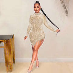 Rhinestone Pearl Mesh Sexy Dress Side Split Long Sleeve Elastic