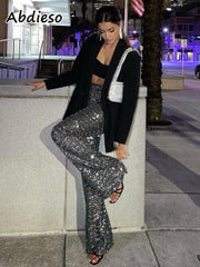 Abdieso Sequin Sexy Flare Pants Party Women Black 2022 Spring High Waist Silver Glitter Y2k Long Trousers Ladies Fashion