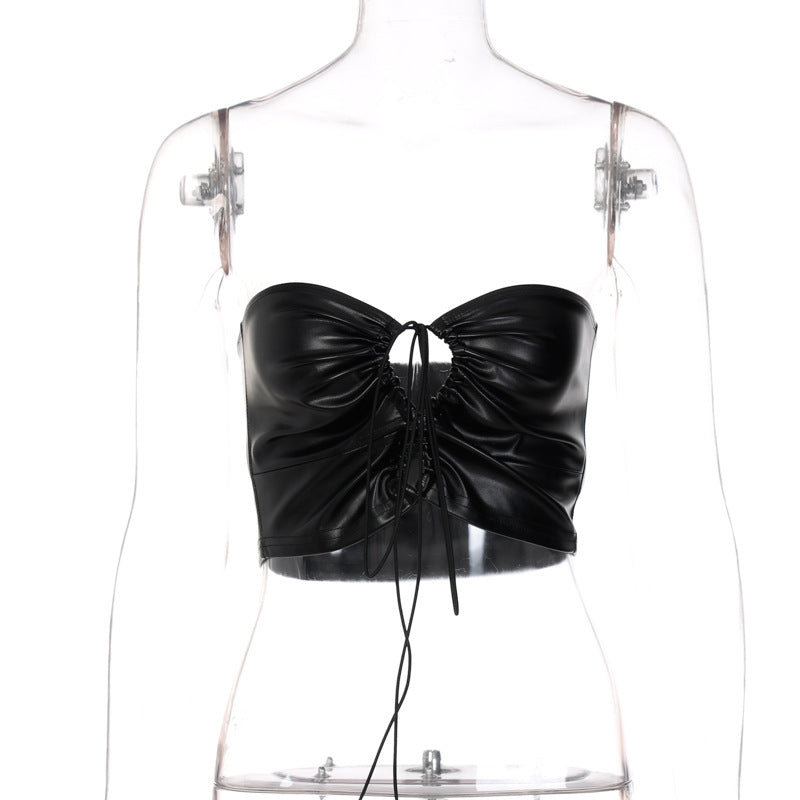 Noire Faux-Leather Bandage Cutout Crop Top One-piece