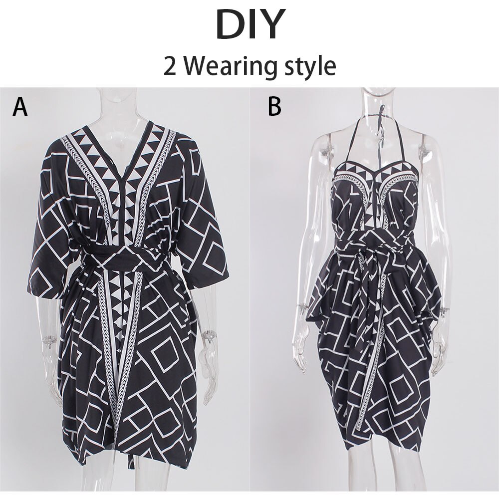 Sexy Black Beach Outing Cover Up Boho Chic DIY Wearing Print Mini Dresses Irregular Geometry Triangle Swimwear Woman Summer