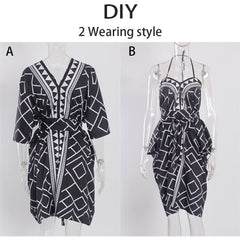 Sexy Black Beach Outing Cover Up Boho Chic DIY Wearing Print Mini Dresses Irregular Geometry Triangle Swimwear Woman Summer