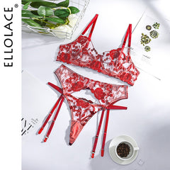 Ellolace Neon Floral Lingerie 3 Piece Set Transparent Underwear Women Push Up Bra With Bone Erotic Lingerie Sensual Lingerie Set