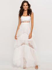 Formal Dresses For Women Perspective Mesh Yarn Slim Sling Trumpet Dress Sexy Layer Ruffles Design One Piece Ladies Female Cloth