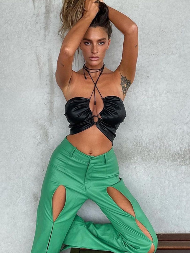 Leather Bandage Cut Out Camis Crop Top