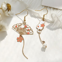 Chinese Style Folding Fan Crane Carp Lotus Asymmetrical Long Tassel Dangle National Style Earrings for Women Jewelry Gift