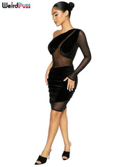 Weird Puss Velvet Mesh Patchwork Dress Women Diagonal Collar One Shoulder Sexy Elastic Skinny Bodycon Trend Party Club Outfit