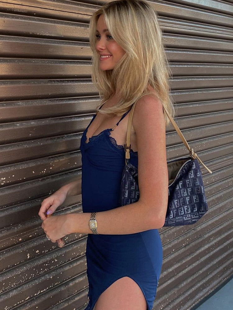 Cryptographic Sexy Straps Mini Dress for Women Elegant Outfits Club Party Slit Lace Blue Sleeveless Backless Dresses Summer 2022
