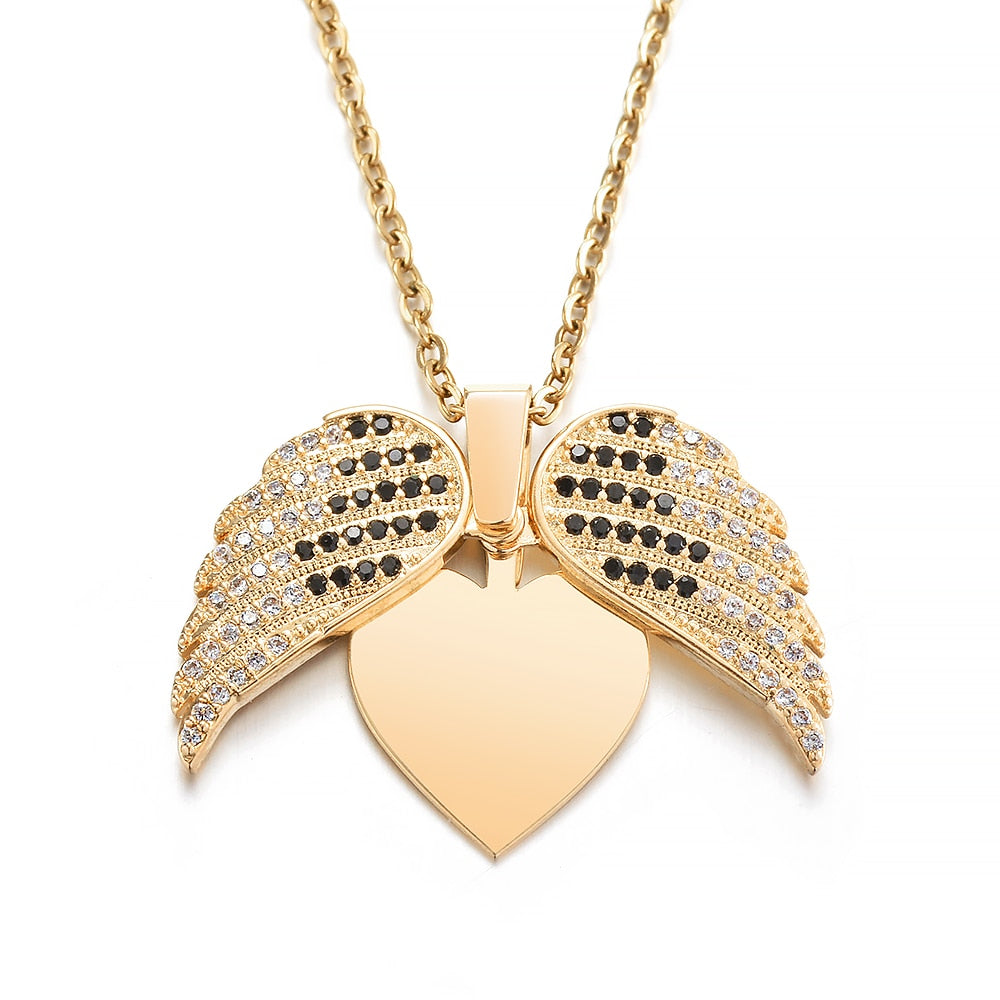Personalized Women Chain Necklace Custom Engraved Heart Name Openable Heart Crystal Wings Pendant Neklace Valentine Day Gift
