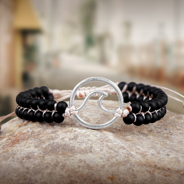 Boho Ocean Waves Bracelets Vintage Natural Stone Black Onyx Tiger Eye Beads